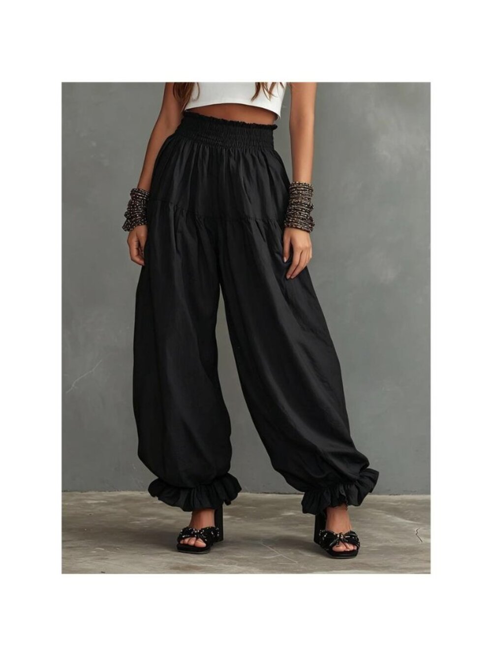 Full Size Smocked Ruffle Hem Wide Leg Pants Plus Size